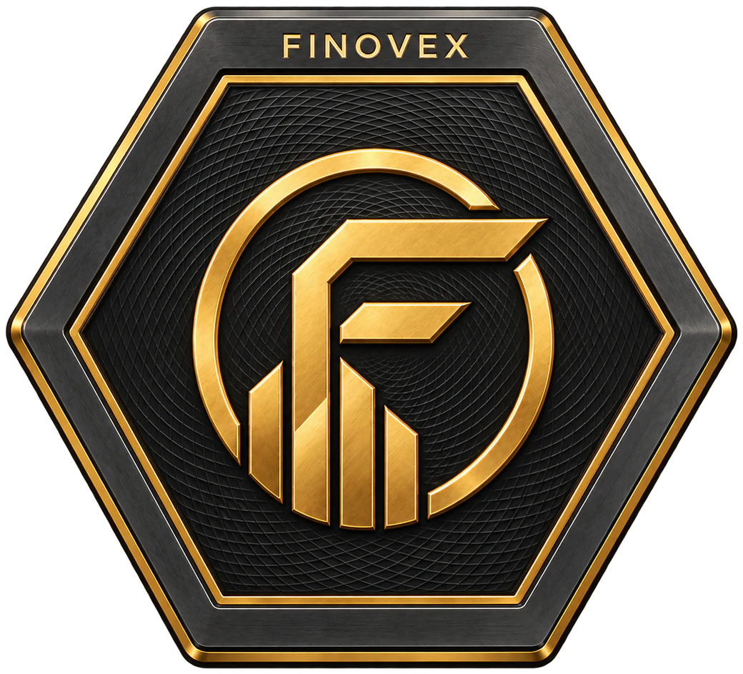 Moeda hexagonal do FINOVEX Token em metal escuro, com o emblema F dourado